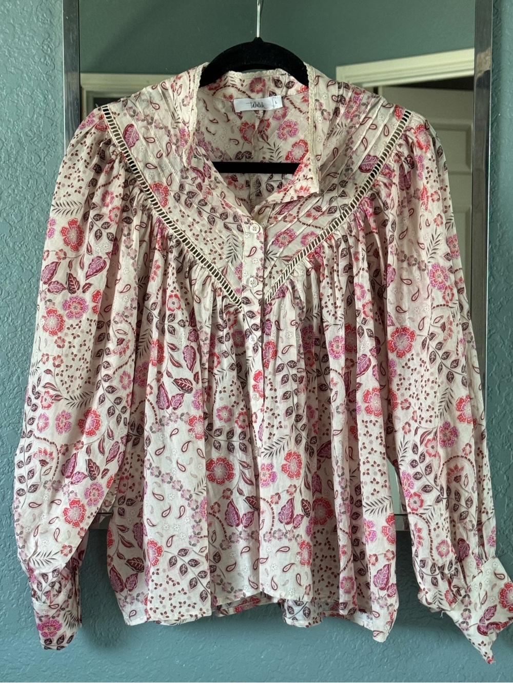 TALULAH 100% Cotton Cream Floral Lace-Trim Button Blouse Size Large